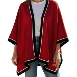 *Clothes By Revue Vintage Red Boiled Wool Cape Poncho Black & White Trim Retro